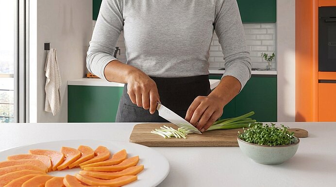Hände einer Person schneiden Frühlingszwiebeln auf einem Holzbrett in einer modernen Küche; im Vordergrund ein Teller mit geschnittenen Süßkartoffeln und eine Schüssel mit Sprossen.