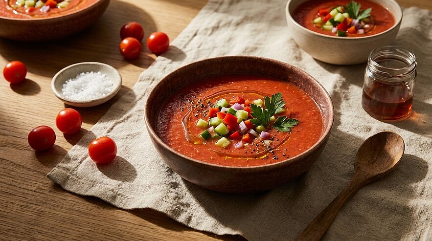 Schüssel Gazpacho – kalte Tomatensuppe, garniert mit gewürfelter Gurke, Paprika, frischer Petersilie und einem Schuss Olivenöl.