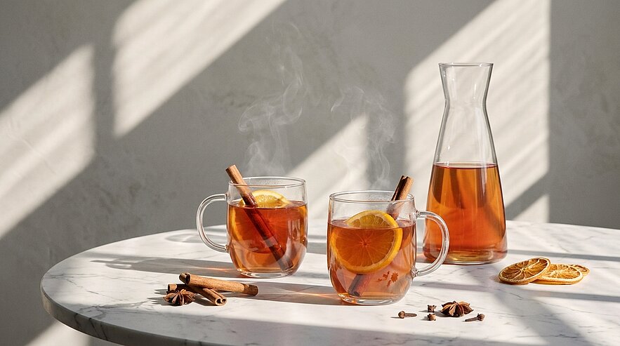Zwei Gläser mit dampfendem Gewürztee, je eine Orangenscheibe und Zimtstange, daneben eine Karaffe mit Tee sowie getrocknete Orangenscheiben und Gewürze auf dem Tisch.
