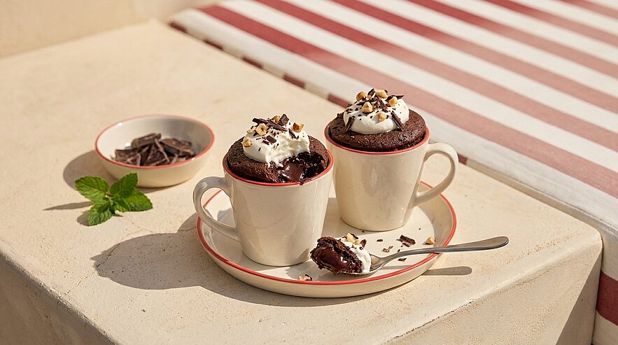 Zwei Tassen mit Schokoladen-Mug-Cakes, jeweils mit Sahne und Schokoraspeln garniert, auf einem Teller; ein Löffel mit einem Bissen daneben.