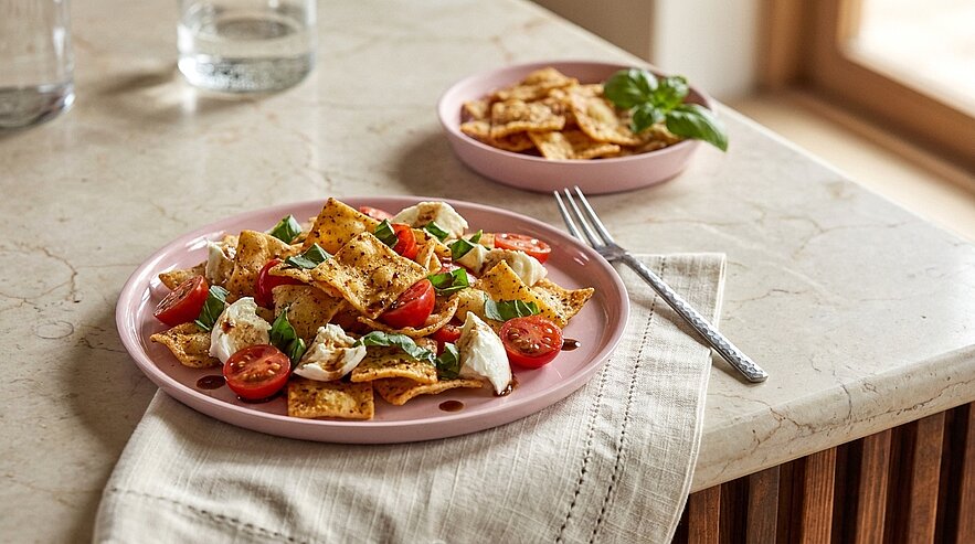 Teller mit knusprigen Tortilla-Chips, Cherry-Tomaten, Mozzarellastücken und frischem Basilikum, gewürzt; kleiner zweiter Teller mit Nachos im Hintergrund.
