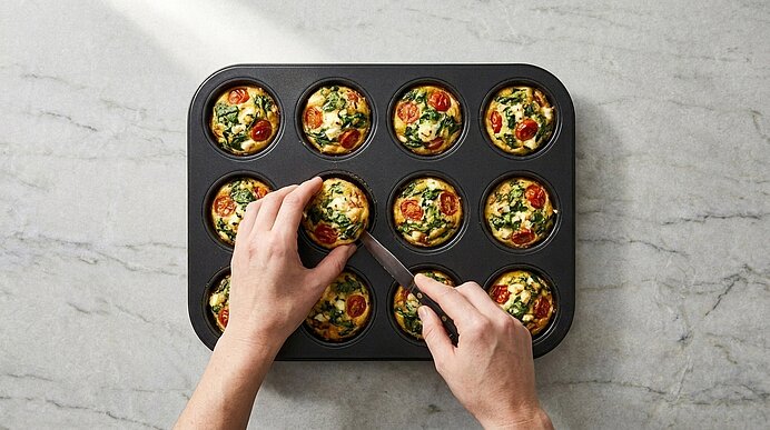 Hände entnehmen mit einem Spatel einen gebackenen Eier‑Muffin mit Spinat, Kirschtomaten und Kräutern aus einem 12er‑Muffinblech.