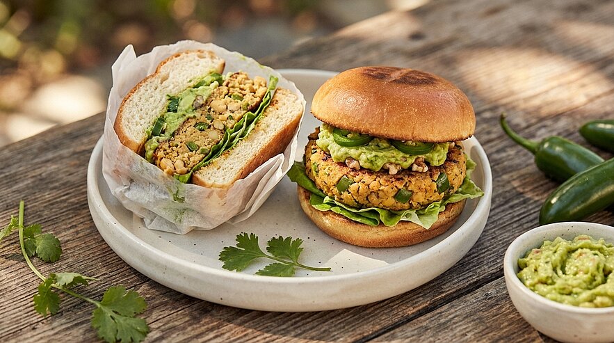 Zwei vegetarische Kichererbsen-Burger auf einem Teller: ein kompletter mit Brötchen, Salat und Guacamole, daneben ein halbierter Burger in Papier, der das Kichererbsen-Patty zeigt.