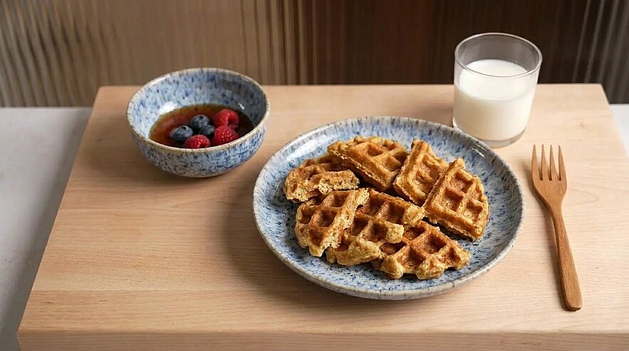 Gedeck mit gebrochenen Waffelstücken auf blauem Teller, daneben Schüssel mit Sirup und Beeren, ein Glas Milch und eine Holzgabel auf einem hellen Holzbrett.