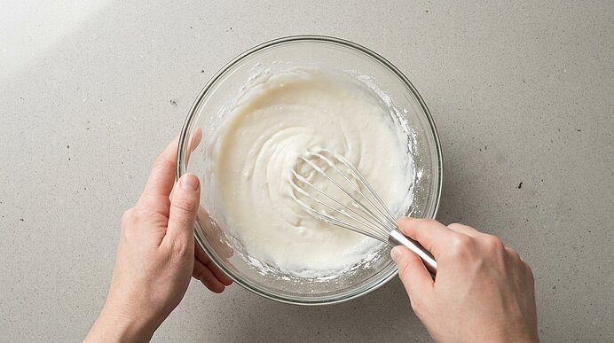 Zwei Hände rühren mit einem Schneebesen einen glatten, weißen Teig in einer transparenten Glasschüssel auf hellem Untergrund.