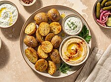Image of Ofenkartoffeln mit Dips und Pickles
