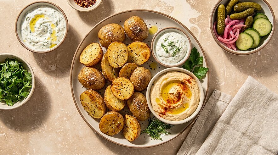 Teller mit halbierten, gerösteten Ofenkartoffeln, dazu Hummus und Joghurt-Kräuter-Dip, frische Dill- und Petersilienzweige sowie kleine Schälchen mit Gewürzgurken, eingelegten Zwiebeln und Gurkenscheiben.