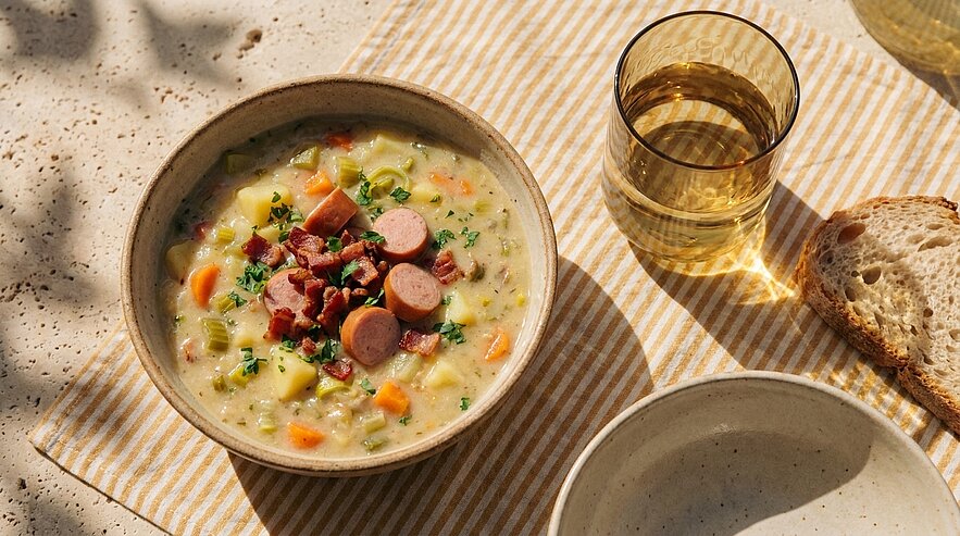 Schale mit cremiger Kartoffel-Gemüsesuppe, gewürfelte Kartoffeln und Karotten, belegt mit in Scheiben geschnittenen Würstchen und gehackten Kräutern; daneben ein Glas Getränk und eine Scheibe Brot.