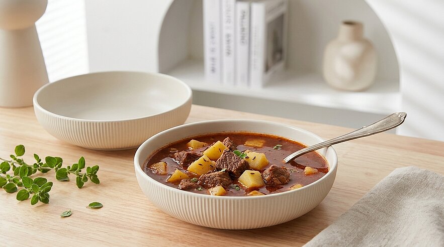Weiße Schale mit herzhaftem Rindereintopf, sichtbaren Fleisch- und Kartoffelstücken in dunkler Brühe; ein Löffel steckt darin, auf hellem Holztisch.