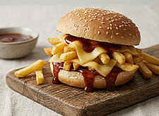 Image of Japanischer „Fake Burger“ mit Pommes und Gouda