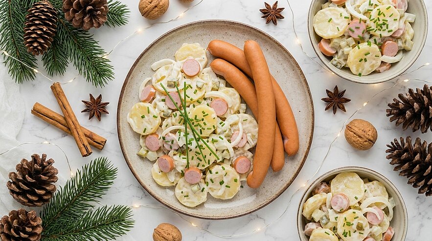 Teller und zwei Schälchen mit Kartoffelsalat, darin in Scheiben geschnittene Würstchen, mit Schnittlauch bestreut; auf dem Hauptteller drei ganze Brühwürstchen.