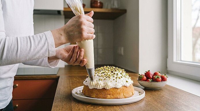Hände drücken eine Spritztüte und verzieren einen runden Kuchen mit Sahne, gehackten Pistazien oben; Schale mit Erdbeeren daneben.