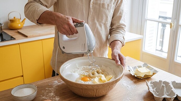Person rührt mit elektrischem Handmixer Teig in einer großen Schüssel; im Teig sind sichtbare Eier und Butterstücke auf einem Küchentisch.