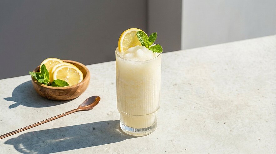 Hohes Glas mit Zitronen‑Slushie, garniert mit einer Zitronenscheibe und frischem Minzblatt.