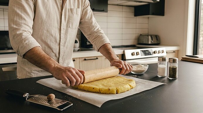 Hände einer Person rollen mit Nudelholz einen Teig auf Backpapier auf der Küchenarbeitsfläche, daneben eine Schüssel mit Mehl.