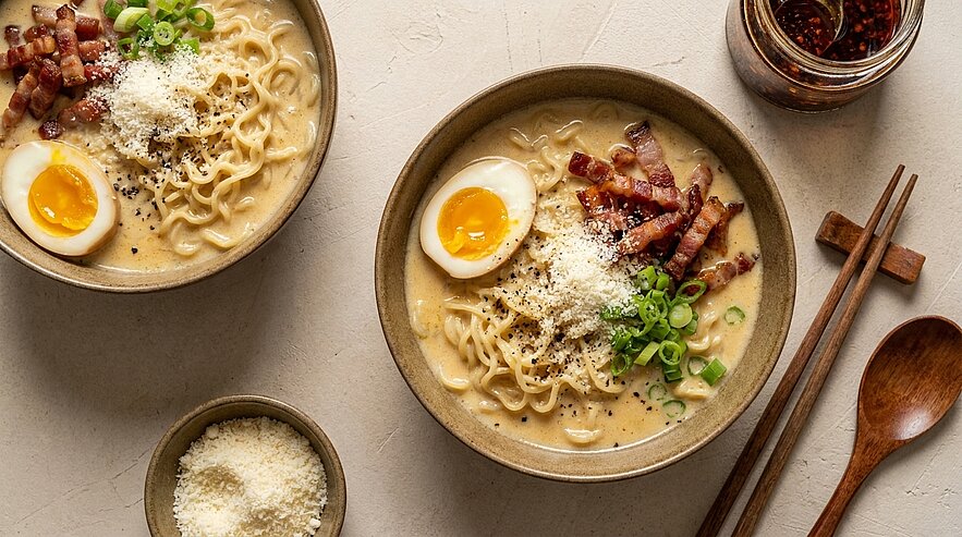 Zwei Schalen cremiger Ramen mit Nudeln, halbierten weich gekochten Eiern, knusprigem Speck, Frühlingszwiebeln und geriebenem Käse; Essstäbchen und Löffel liegen daneben.