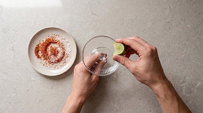 Hände befeuchten mit einem Limettenstück den Rand eines Cocktailglases; daneben ein Teller mit Salz‑Chili‑Mischung zum Einranden.