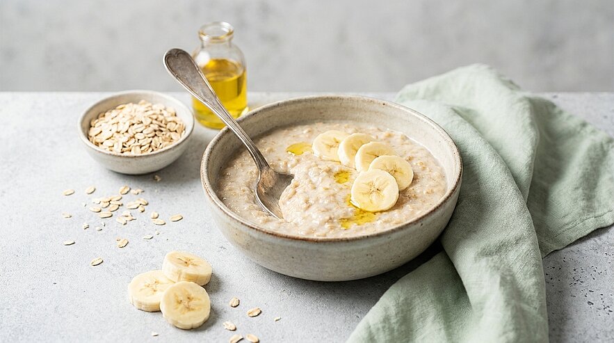 Schale mit Haferbrei, garniert mit Bananenscheiben und Löffel; daneben verstreute Haferflocken und eine aufgeschnittene Banane.