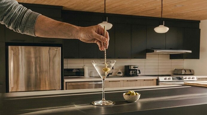 Hand rührt mit Cocktailspieß eine Olive in einem Martini-Glas auf einer Küchenarbeitsplatte; daneben steht eine kleine Schale mit Oliven.