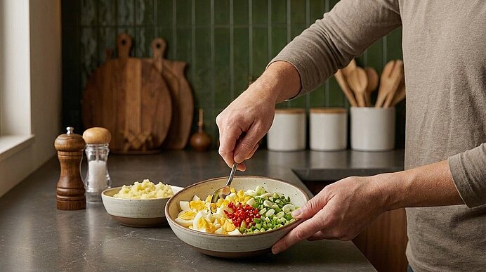 Person rührt in einer Schüssel einen bunten Salat mit gehackten Eiern, Erbsen, Avocado und kleinen roten Paprikastücken.
