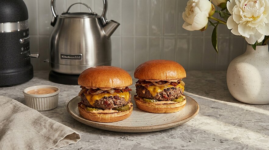 Zwei saftige Cheeseburger mit jeweils zwei Rindfleisch‑Patties, geschmolzenem Cheddar, Salat und Brioche‑Brötchen auf einem Teller.