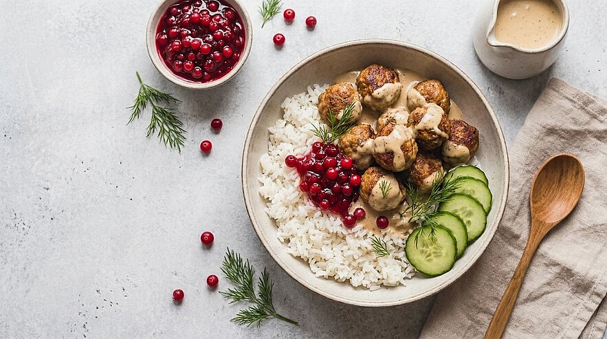 Schüssel mit weißem Reis, gebräunten Fleischbällchen, frischen Preiselbeeren, Gurkenscheiben und Dill, daneben helle Sauce und Holzlöffel.