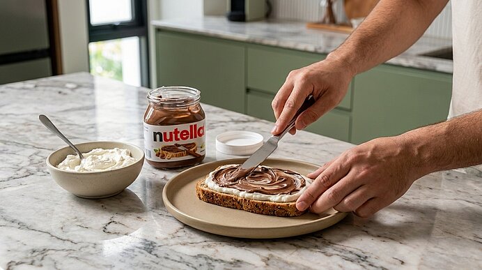 Zwei Hände bestreichen eine Brotscheibe mit Nutella; daneben offenes Nutella-Glas und Schüssel mit Aufstrich auf der Küchenarbeitsplatte.