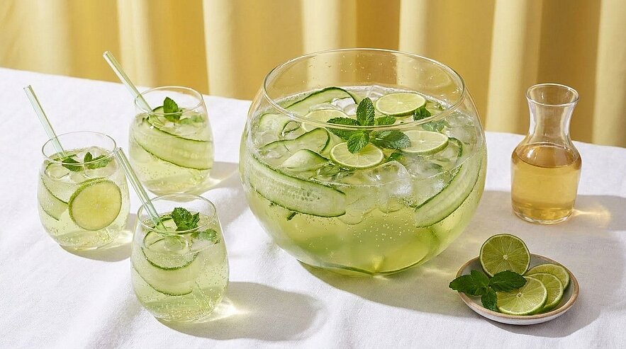 Große Glasbowle mit eisgekühltem Gurken‑Limetten‑Minzgetränk, gefüllt mit Gurkenscheiben, Limettenscheiben und Minzblättern; drei Gläser mit Strohhalmen, daneben Karaffe und Teller mit Limettenscheiben.