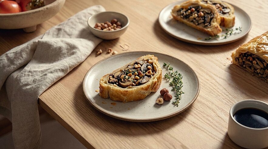 Scheibe herzhafter Blätterteigstrudel, gefüllt mit Pilzen, Nüssen und Kräutern, auf einem Teller mit Thymianzweigen; weitere Teller und eine Tasse Kaffee auf hellem Holztisch.