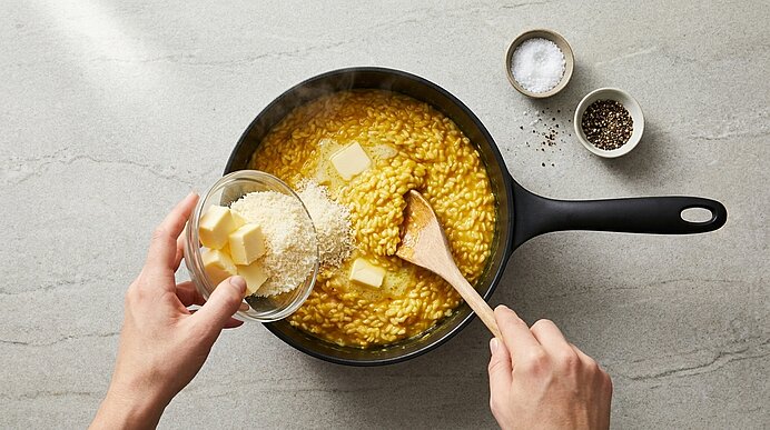 Zwei Hände rühren cremiges gelbes Risotto in einer Pfanne; Butterwürfel und geriebener Käse werden hinzugegeben. Holzlöffel, Salz- und Pfeffer-Schälchen daneben.