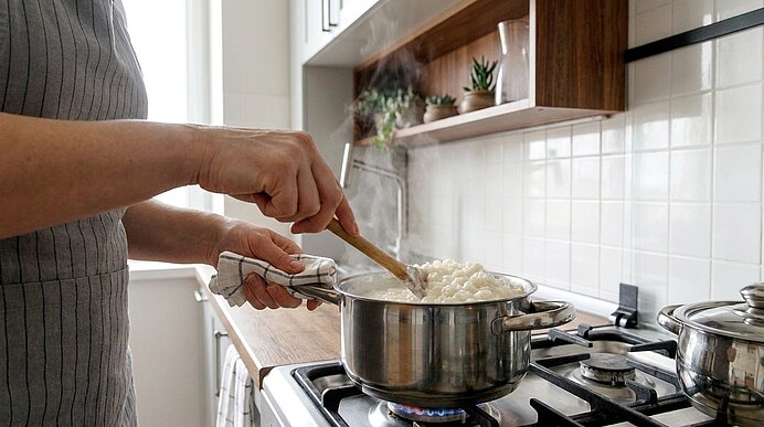 Eine Person rührt mit einem Holzlöffel in einem dampfenden Kochtopf auf einem Gasherd; im Topf eine weiße, breiige Speise.