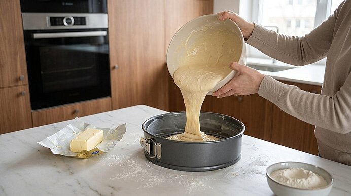 Hände einer Person gießen hellen Kuchenteig aus einer Schüssel in eine runde Springform auf einer Küchenarbeitsfläche; Butter und eine Schüssel Mehl liegen daneben.