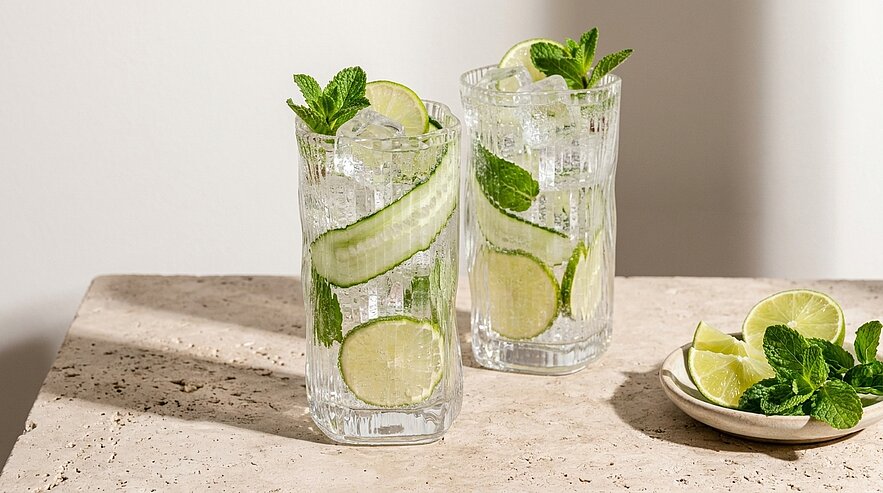 Zwei hohe Gläser mit Eiswürfeln, sprudelndem Wasser, Gurkenscheiben, Limettenscheiben und frischer Minze; daneben ein kleiner Teller mit Limettenstücken und Minzblättern.