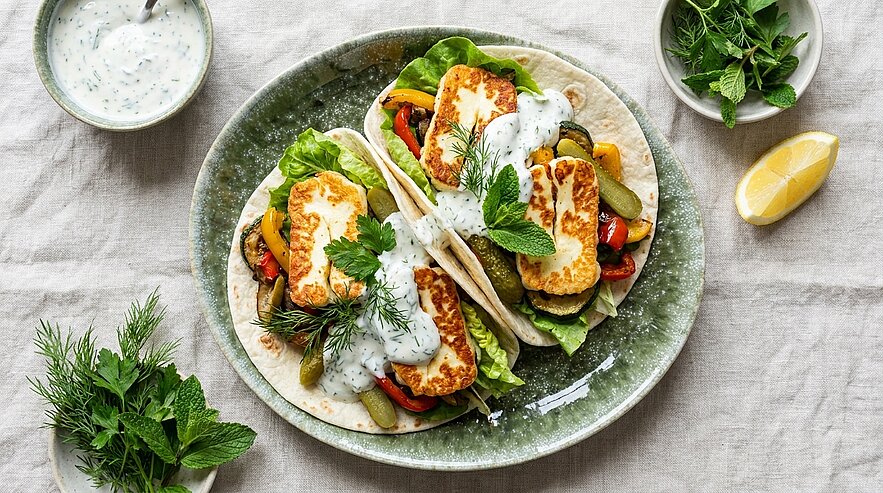 Drei Tacos auf einem Teller, gefüllt mit gegrilltem Halloumi, Salat, geröstetem Gemüse und Gewürzgurke, garniert mit Dill und cremiger Joghurtsauce; Zitronenschnitz und frische Kräuter daneben.