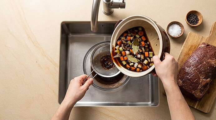 Hände sieben eine Marinade mit Gemüse und Lorbeer über einem Spülbecken, daneben liegt ein roher Rinderbraten auf einem Schneidebrett.