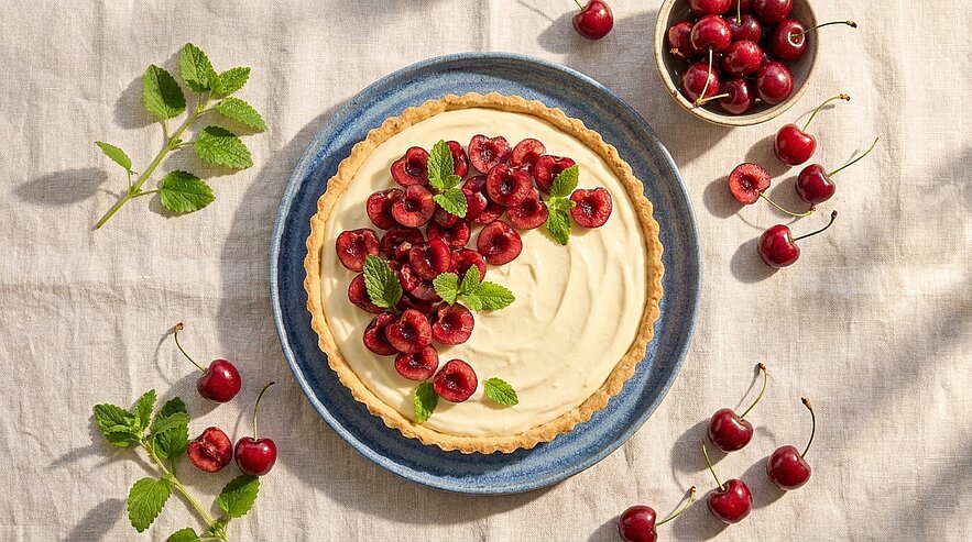 Tarte mit heller Vanillecreme auf blauem Teller, garniert mit halbierten Kirschen und Minzblättern; frische Kirschen auf hellem Leinentuch verstreut.