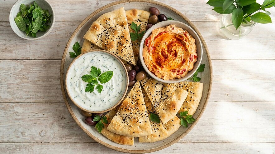Große Platte mit geschnittenem Fladenbrot, zwei Schälchen Dips — cremiges Kräuter-Joghurt und würziger roter Hummus — garniert mit Oliven und Petersilie.
