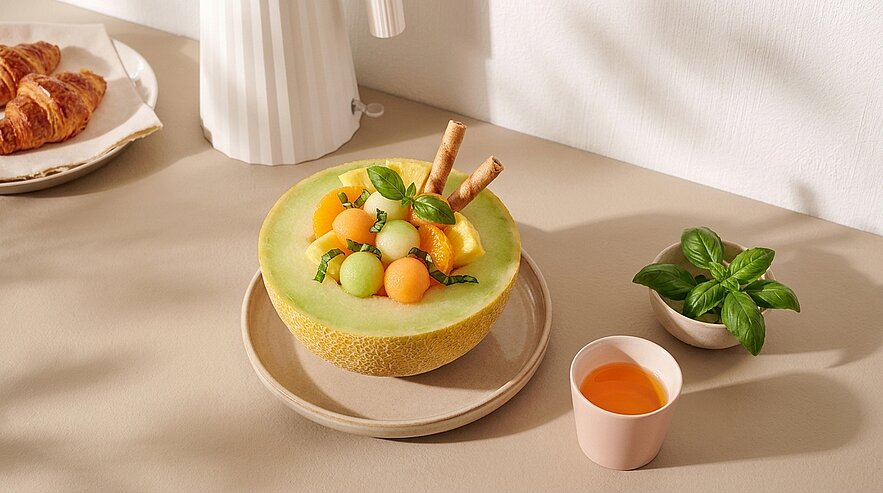 Halbe Honigmelone als Schale, gefüllt mit grünen und orangefarbenen Melonenkugeln, garniert mit Basilikumblättern und zwei Waffelröllchen, auf einem Teller neben einem kleinen Glas Saft.