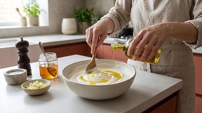 Hände rühren in einer großen Schüssel mit weißer Creme, während Olivenöl hineingegossen wird; Honigglas und kleine Schälchen stehen auf der Arbeitsfläche.