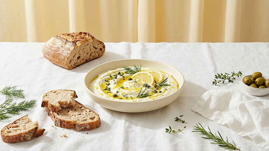 Ein geschmackvoll angerichteter Teller mit cremigem Dip, garniert mit Zitronenscheiben und frischen Kräutern, befindet sich auf einem weißen Tisch. Daneben liegt ein Stück Brot und einige Oliven sind in einer kleinen Schüssel.
