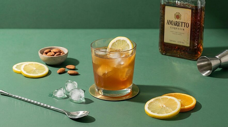 Cocktail aus Amaretto im Tumbler mit Eis und Zitronenscheibe, daneben Amaretto-Flasche, Zitronen- und Orangenscheiben, Mandeln und Eiswürfel auf grünem Hintergrund.