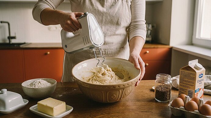 Person rührt mit elektrischem Handmixer Teig in großer Rührschüssel auf dem Küchentisch; daneben Mehl, Butter, Eier, Milch und Gewürzgläser.