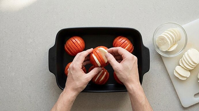 Zwei Hände stecken Mozzarellascheiben in eingeschnittene Tomaten in einer schwarzen Auflaufform.