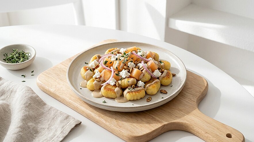 Teller mit gebratenen kleinen Kartoffeln, garniert mit zerbröseltem weißem Käse, roten Zwiebelringen, gehackten Kräutern und cremiger Sauce.