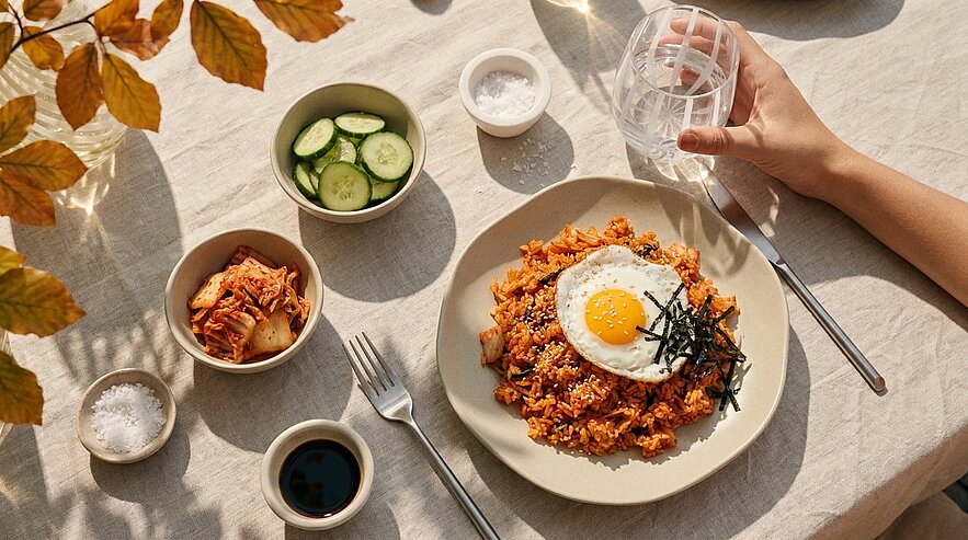 Teller mit Kimchi-Bratreis, garniert mit Spiegelei und Nori-Streifen; daneben kleine Schalen mit Gurkenscheiben, Kimchi und Dips.