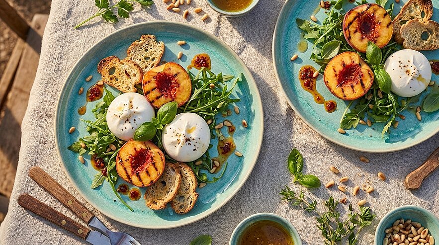 Zwei Teller mit gegrillten Pfirsichen, Burrata, Rucola, geröstetem Brot, Pinienkernen und Balsamico-Dressing.
