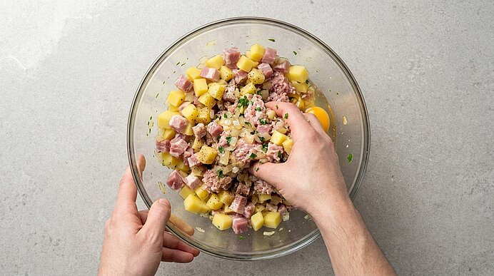 Zwei Hände mischen in einer Glasschüssel Kartoffelsalat mit gewürfelten Kartoffeln, Schinkenwürfeln, Kräutern und cremigem Dressing.