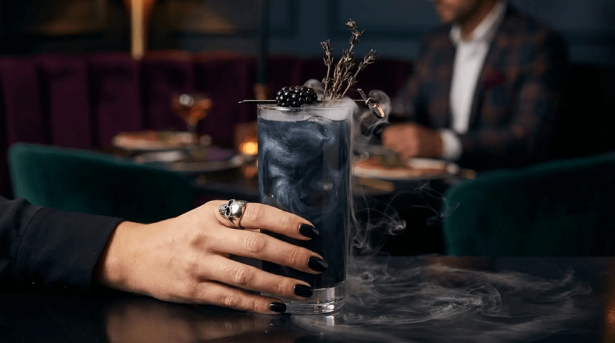 Hand mit schwarzen Nägeln und Ring hält ein hohes Glas mit dunklem, rauchendem Cocktail, garniert mit Brombeeren und einem Kräuterzweig.