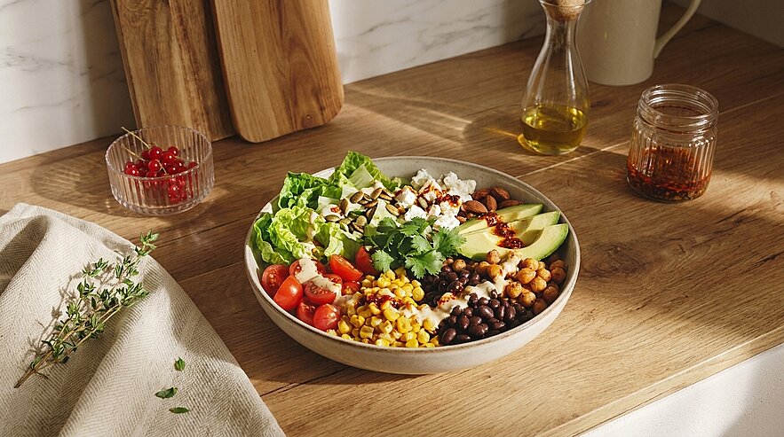 Schüssel mit bunter Buddha-Bowl: Salatblätter, Kirschtomaten, Mais, schwarze Bohnen, Kichererbsen, Avocadoscheiben, Feta, Nüssen und Samen, Kräutern und Dressing.