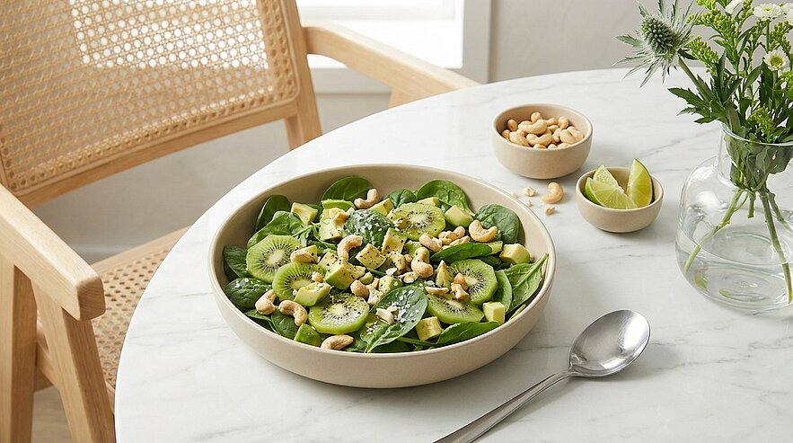 Schüssel mit grünem Salat aus Spinat, Kiwischeiben, Avocadowürfeln und Cashewnüssen, dazu Limettenspalten auf einem Tisch.